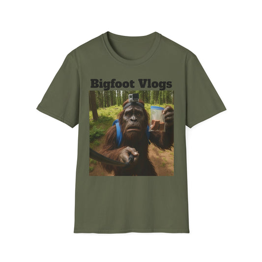 Bigfoot Vlogs Adventure Unisex Softstyle T-Shirt, Fun Gift for Nature Lovers, Hiking Tee, Unique Outdoor Apparel, Summer Style