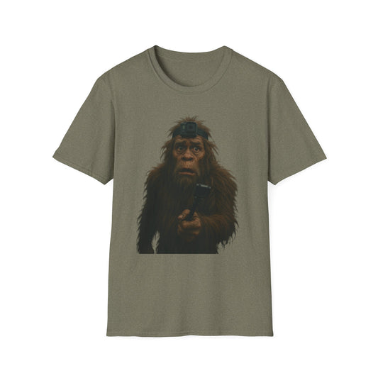 Bigfoot Vlog Adventure Unisex Softstyle T-Shirt, Funny Graphic Tee, Outdoor Lover Gift, Camping Shirt, Unique Nature Apparel